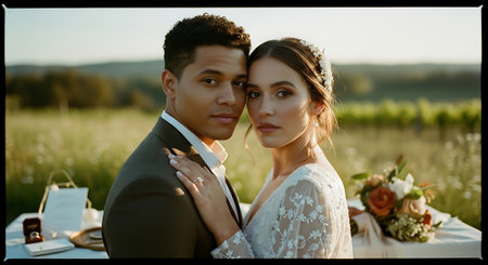 A romantic couple in wedding attire embracing in a serene green field with a beautifully decorated table and a stunning bouquet of flowers in the background at sunset.の素材