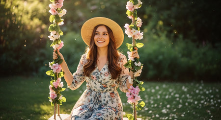 A smiling woman in a floral dress and straw hat sits on a swing adorned with pink flowers, surrounded by a lush green garden with white wildflowers and trees in the background.の素材