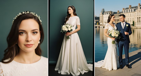 A collage of three photographs featuring a bride in a white wedding dress and floral crown, with a groom in a navy suit, set against a serene backdrop of a waterfront cityscape and a dark green wall.の素材