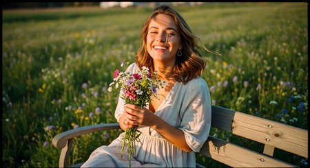 A smiling woman sits on a wooden bench in a lush green field of wildflowers, holding a bouquet of colorful flowers and wearing a white dress.の素材