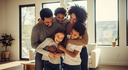 A diverse family of five, consisting of two parents and three children, share a warm and joyful moment in their modern living room with plenty of natural light.の素材