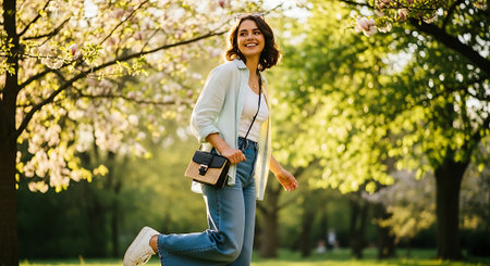 A smiling young woman with dark hair walks in a park with blooming trees, wearing a white shirt, light cardigan, blue jeans, and white sneakers, holding a purse.の素材