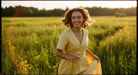 A smiling young woman with short brown hair runs through a lush green field of tall grass and wildflowers, wearing a bright yellow dress that catches the sunlight.の素材
