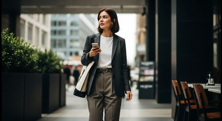 A professional woman in a black blazer and gray pants walks while holding a coffee cup and a bag, surrounded by city buildings and outdoor seating.の素材