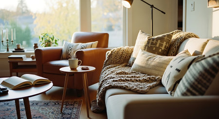 A warm and inviting living room with a beige sofa, brown armchair, and two coffee tables, bathed in natural light from a large window with a view of trees outside.の素材