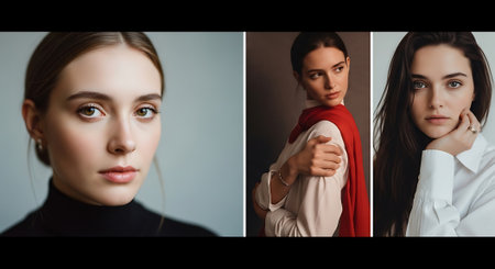 A composite image featuring three young women with distinct looks, showcasing their unique styles and facial expressions against varying backgrounds.の素材