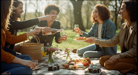 A group of four friends sit on a blanket in a park, sharing wine and a meal together, surrounded by trees and a serene atmosphere, with a basket and cameras nearby.の素材