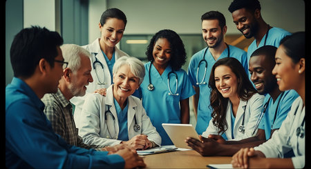 A group of smiling medical professionals, including doctors and nurses of various ethnicities, gather around a table to review patient information on a tablet in a clinical environment.の素材