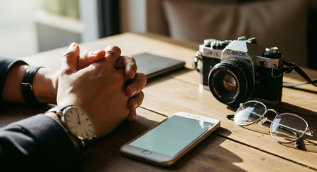 A person's clasped hands rest on a wooden desk alongside a camera, smartphone, glasses, and a notebook, bathed in natural light from a nearby window.の素材