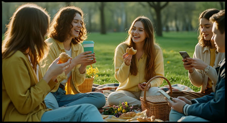 Group of young adults sitting on blanket in grassy field, laughing and eating snacks, surrounded by trees and picnic basket.の素材