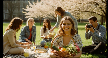 Group of young adults having a picnic in a park with blooming trees, one woman holding a basket of fruit and vegetables, others socializing and taking photos.の素材