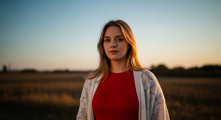 A young woman with long blonde hair stands in a field wearing a red top and white cardigan, looking directly at the camera with a serene background of a setting sun and trees.の素材