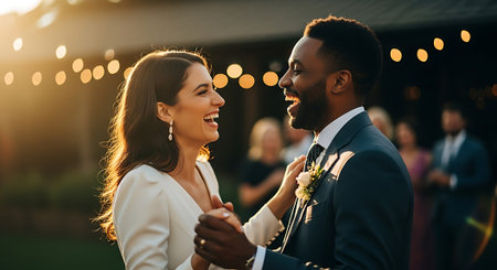 A smiling bride and groom, dressed in formal attire, dance together at an outdoor wedding reception with string lights and guests in the background.の素材