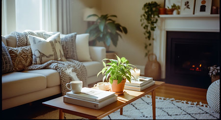A warm and inviting living room with a beige sofa, wooden coffee table, and a lit fireplace, adorned with pillows, plants, and books.の素材