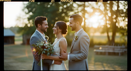 A joyful bride and groom share a tender moment in a serene outdoor environment, surrounded by lush greenery and warm sunlight, with the bride holding a lovely bouquet of flowers.の素材