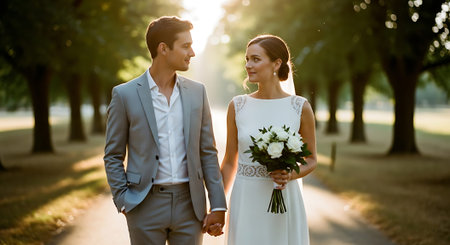 A smiling man in a gray suit and a woman in a white wedding dress holding a bouquet of white flowers walk hand in hand on a sunny path in a park surrounded by trees.の素材