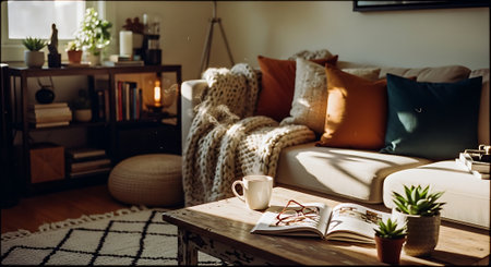 A warm and inviting living room with a plush couch, wooden coffee table, and decorative plants, bathed in natural sunlight streaming through the window.の素材