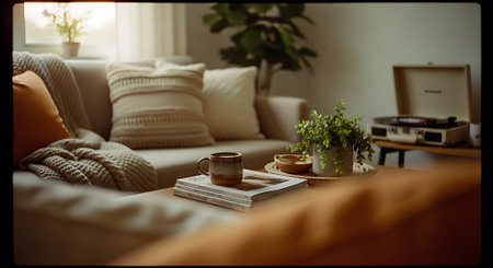A warm and inviting living room with a beige sofa, coffee table, and vinyl record player, featuring a mug, books, and plants, bathed in natural light.の素材