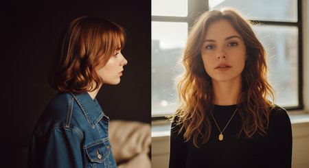 A split-screen image featuring two women, one in profile with short red hair and a denim jacket against a dark background, and the other with long brown hair and a black top in front of a bright window.の素材