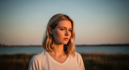 A young woman with shoulder-length blonde hair and a white V-neck T-shirt stands in front of a calm body of water, with a clear blue and pink sky in the background during sunset.の素材