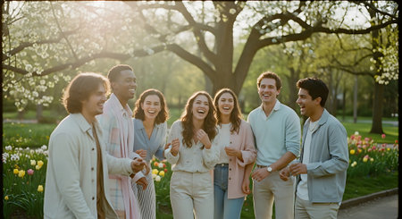 A group of seven young adults, diverse in ethnicity and style, stand together in a park, laughing and smiling, surrounded by blooming flowers and trees, with a warm sun shining through the branches.の素材