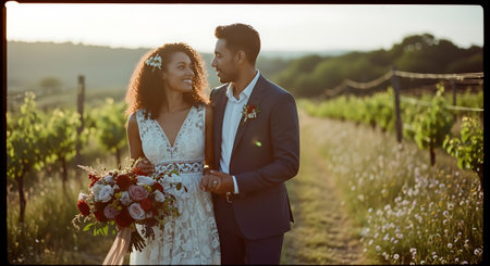 A smiling bride and groom, dressed in formal wedding attire, stroll through a lush vineyard, surrounded by greenery and vibrant flowers, exuding joy and love.の素材