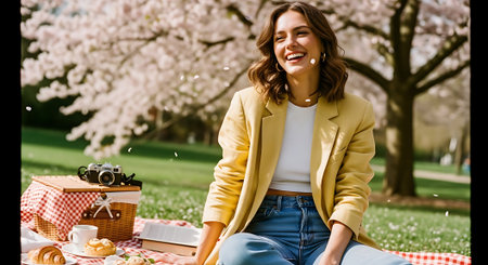A smiling woman sits on a red and white checkered picnic blanket surrounded by food, a camera, and a wicker basket, under blooming cherry blossom trees in a park.の素材