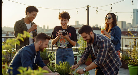 A group of five friends are gathered on a rooftop terrace, some tending to plants while others relax with drinks, enjoying a casual social gathering with a city skyline in the background.の素材