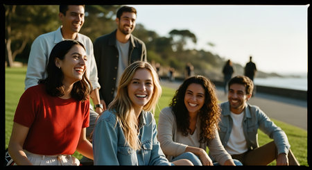A group of six smiling young adults, diverse in ethnicity and appearance, sit and stand together on grass in a park, enjoying each other's company on a sunny day.の素材
