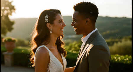 A smiling bride and groom stand face-to-face in a beautiful outdoor setting, surrounded by lush greenery and warm sunlight, conveying love and happiness.の素材
