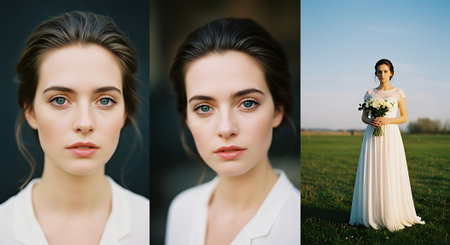 A images of three photographs featuring a young woman in a white dress standing in a field and two close-up portraits of her with different expressions.の素材