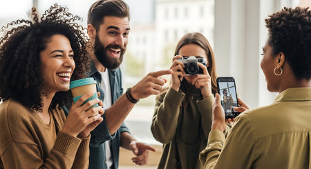 A group of four friends, two men and two women, are smiling and taking photos of each other with a camera and smartphone, with one woman holding a coffee cup.の素材