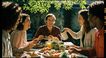 A group of five friends from different ethnic backgrounds share a meal and laughter in a serene garden setting, surrounded by lush greenery and a variety of food on the table.の素材