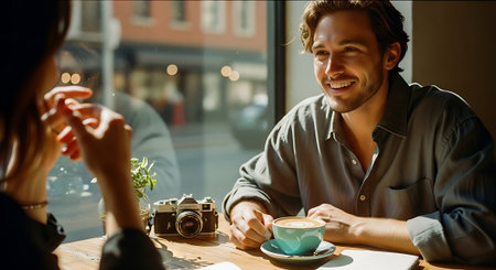 A smiling man and woman sit at a wooden table by a window, engaged in conversation over cups of coffee, with a camera and plant nearby.の素材