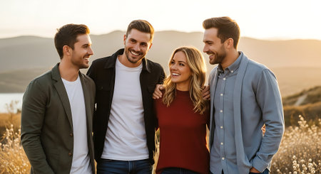 A group of four friends, three men and one woman, stand together in a beautiful outdoor setting with mountains and a body of water in the background, smiling and enjoying each other's company.の素材