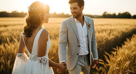 A smiling man and woman in wedding attire, holding hands, walking through a golden wheat field with the sun setting in the background, creating a romantic atmosphere.の素材
