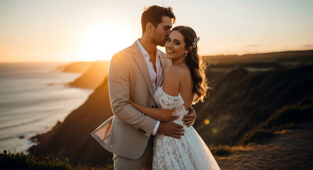 A man in a beige suit and a woman in a white wedding dress embracing and gazing into the distance, with a serene ocean and sunset background.の素材