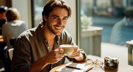 A smiling young man with brown hair sits at a table in a cafe, holding a cup of coffee, with a camera, glasses, and notebook in front of him, near a large window.の素材