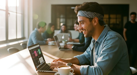 A man in a blue denim shirt and bandana sits at a table, working on a laptop with a cup of coffee in front of him, surrounded by colleagues in a bright office space.の素材