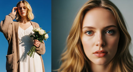 A blonde woman in a white dress and beige cardigan holding flowers against a blue sky, alongside a close-up portrait of a blonde woman with a neutral expression.の素材