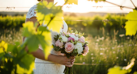 A beautiful bride in a white lace wedding dress holds a bouquet of pink and white flowers in a serene vineyard setting during sunset, surrounded by lush greenery and vibrant foliage.の素材