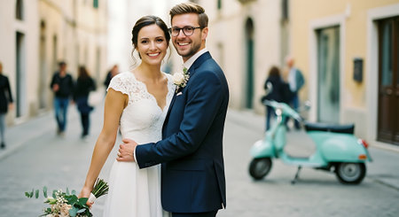 A smiling bride in a white wedding dress and a groom in a blue suit stand together, holding each other, with a bouquet of flowers and a vintage scooter in the background.の素材