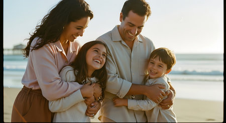 A smiling family of four, two adults and two children, hug each other warmly on a sunny beach with ocean waves in the background.の素材