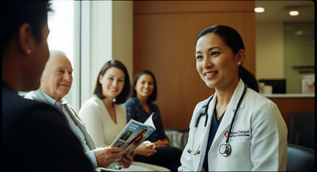 A female doctor in a white coat with a stethoscope smiles while consulting with patients in a well-lit office, with a magazine in hand and a friendly atmosphere.の素材