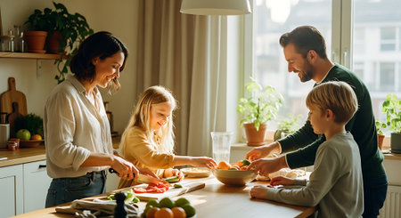 A family of four, two adults and two children, prepare a meal together in a well-lit kitchen, chopping fruits and vegetables on a wooden table surrounded by plants and natural light.の素材