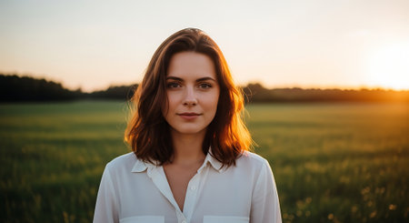 A young woman with brown hair and a white shirt stands in a green field, looking directly at the camera with a serene expression, as the sun sets behind her.の素材