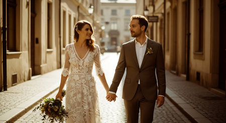 A smiling newlywed couple, dressed in formal attire, walks hand in hand down a charming cobblestone street lined with historic buildings, the bride carrying a bouquet of flowers.の素材