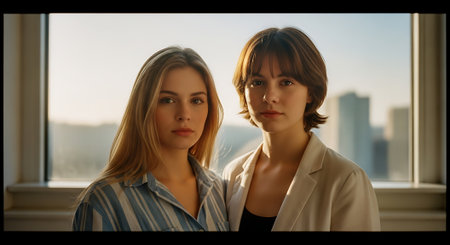 Two young women stand side by side in front of a large window with a blurred cityscape view, wearing casual professional attire, conveying a sense of friendship and confidence.の素材