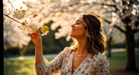 A young woman in a floral dress smells white cherry blossoms in a serene spring garden with green grass and trees in bloom during sunset.の素材