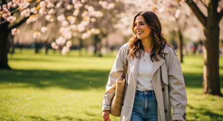 A smiling young woman walks through a park with lush green grass and blossoming trees, wearing a beige jacket, white shirt, and blue jeans, carrying a woven bag over her shoulder.の素材